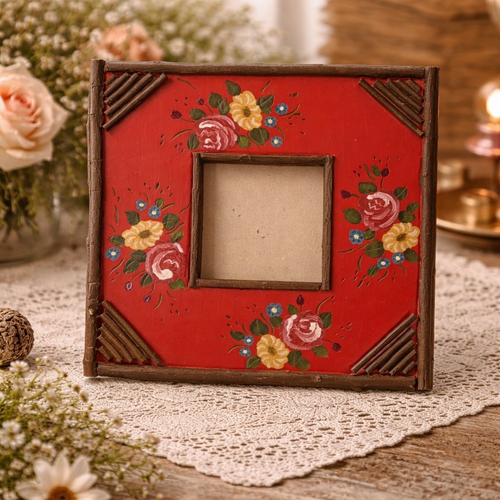 Two's Company Vintage Red Floral‎ Hand Painted Twig Picture Frame cottagecore
